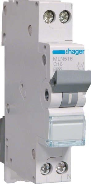 Hager HAG MLN516 Miniature circuit breaker 1P+N 6kA C-characteristic 16A 1 module