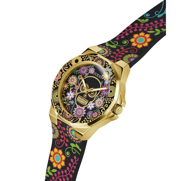 Actual product image Guess P GLD CS W/ FLORAL TR / SUN BLK DIGITAL PRINT DL / BLK FLORAL SILICONE STRP Wristwatch (38 mm)