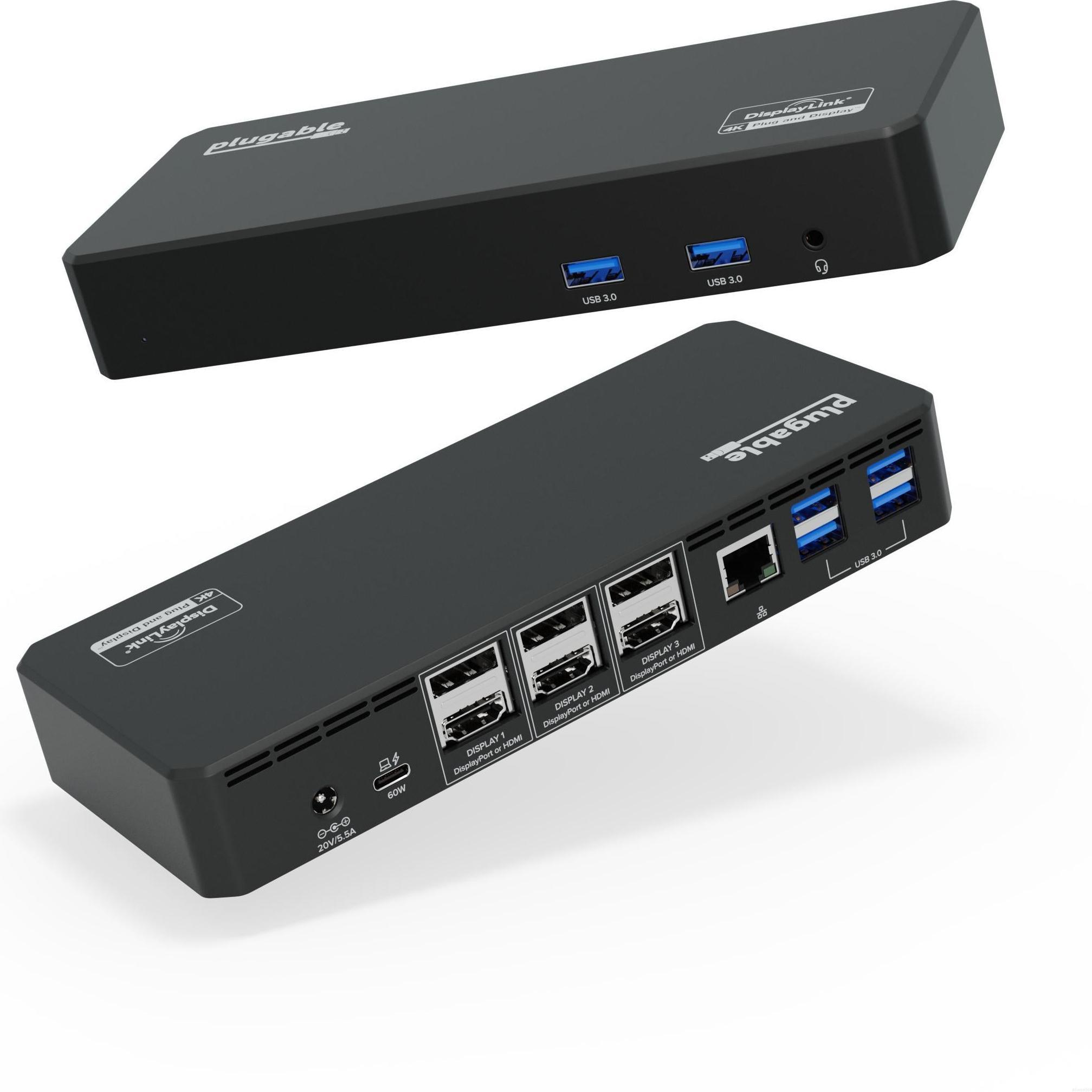 Plugable USBC Triple Display Dock 60W (USB-C), Dockingstation + USB Hub, Schwarz