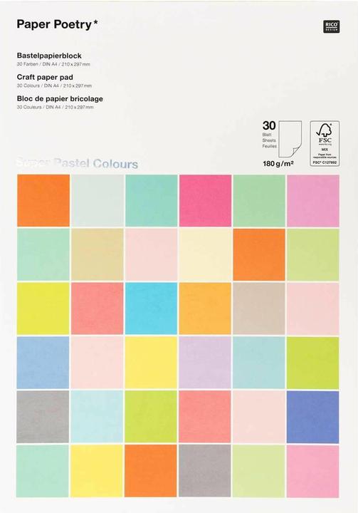 Rico Design Papier de construction 1 bloc de 30 feuilles, couleurs pastel (180 g/m², 1 x)
