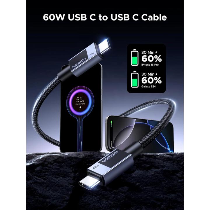 Image du produit Ugreen L524 PD 3A 2m USB-C to USB-C cable (gray) (2 m, 60 W)