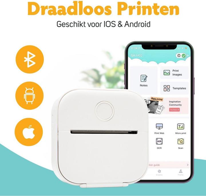 Produktbild Mini Fotoprinter Voor Smartphone - Incl. App & 1 Rol Fotopapier - Pocket printer - Mobiele fotoprinter - (Thermodirekt, Schwarz-Weiss)