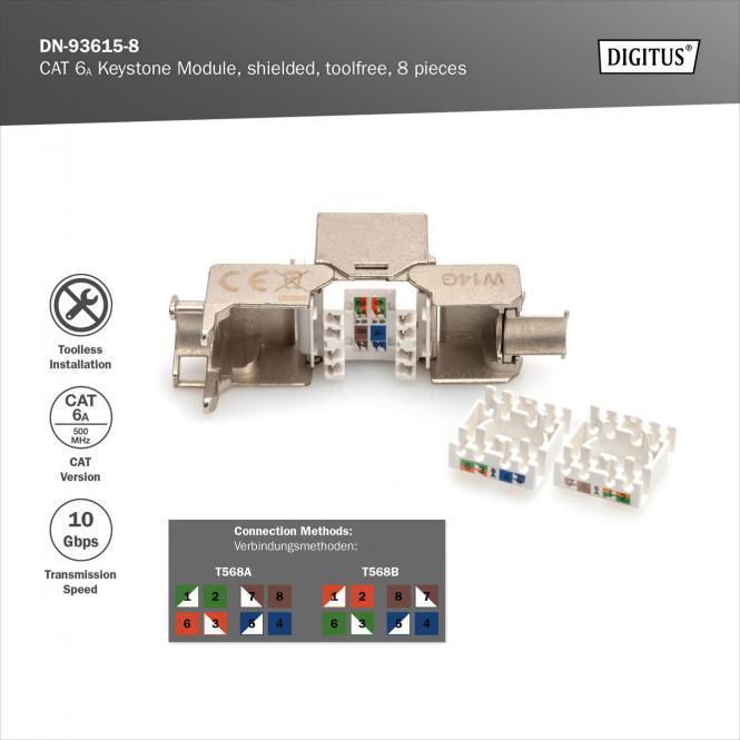 Actual product image Digitus CAT 6A Keystone Jack, shielded, 8 pieces. tool-free connection (Keystone module)