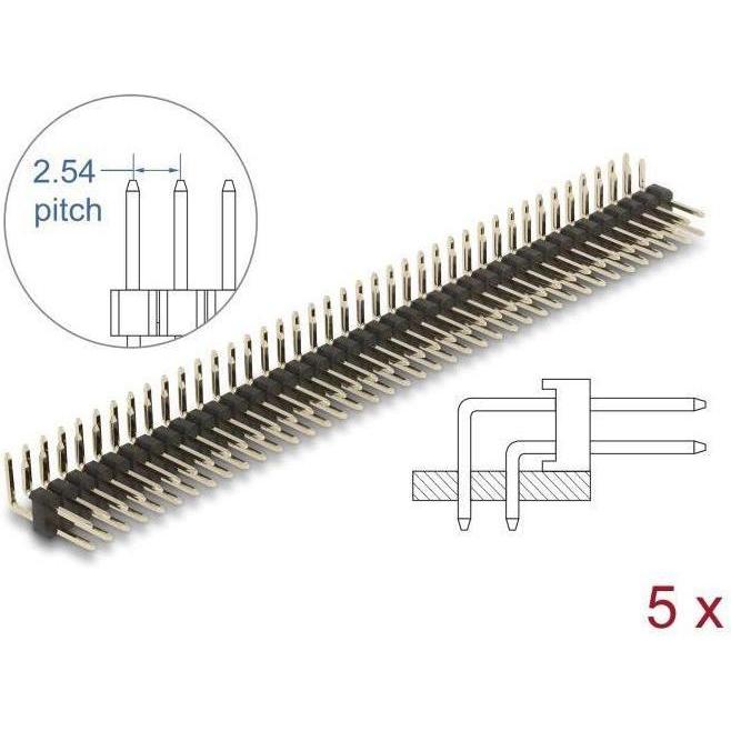 Thumbnail - Delock Stiftleiste 40 Pin, Rastermass 2,54 mm, 2-reihig, gewinkelt, 5 Stück, Elektronikkabel + Stecker, Schwarz