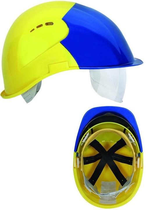 Actual product image Schubiger Voss safety helmet VisorLight sulphur yellow PE EN 397 10 helmets in a crate. (51 - 64 cm)