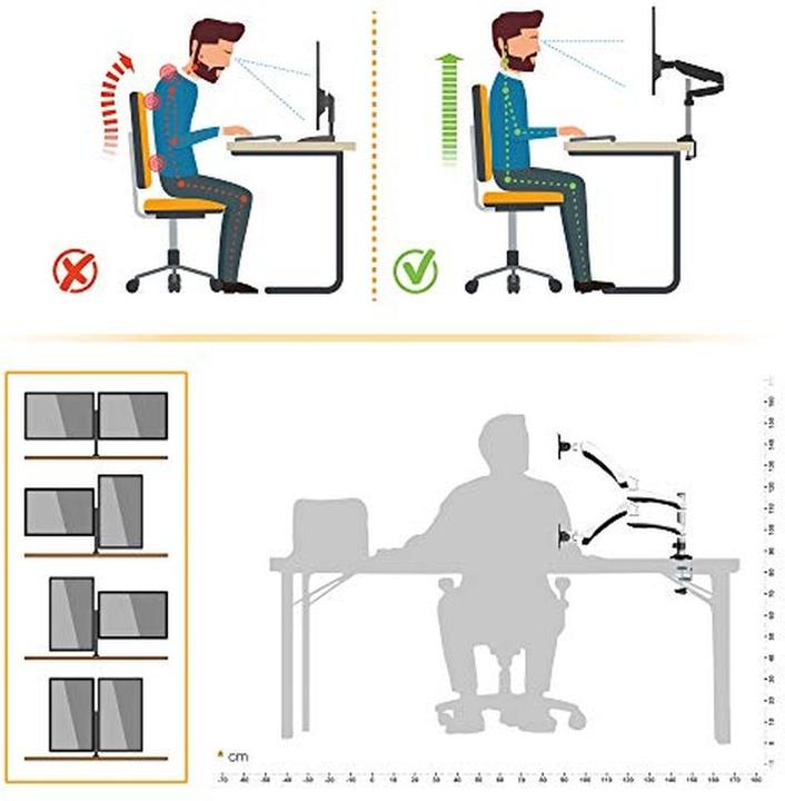 Image du produit Ricoo Support PC double écran pivotant et inclinable, bras articulé à gaz, fixation VESA (Tables, 27", 9 kg)