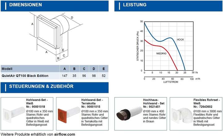 Produktbild Airflow Ultraleiser Badezimmerlüfter mit Feuchtigkeits- und Timersteuerung, 25 dB, 5 W, IP45