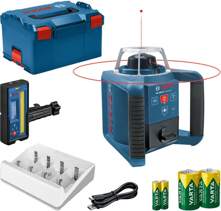 L-BOXX 238, 2 x wiederaufladbare Batterie 1.2V HR20 (D) VARTA, 1 x VARTA Ladegerät, 2 x wiederaufladbare Batterie 1.2V HR6 (AA) VARTA, Laser-Empfänger LR 45 Professional