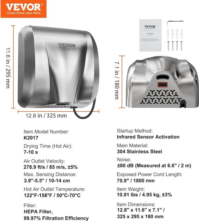 Actual product image Vevor Heavy Duty Commercial Hand Dryer