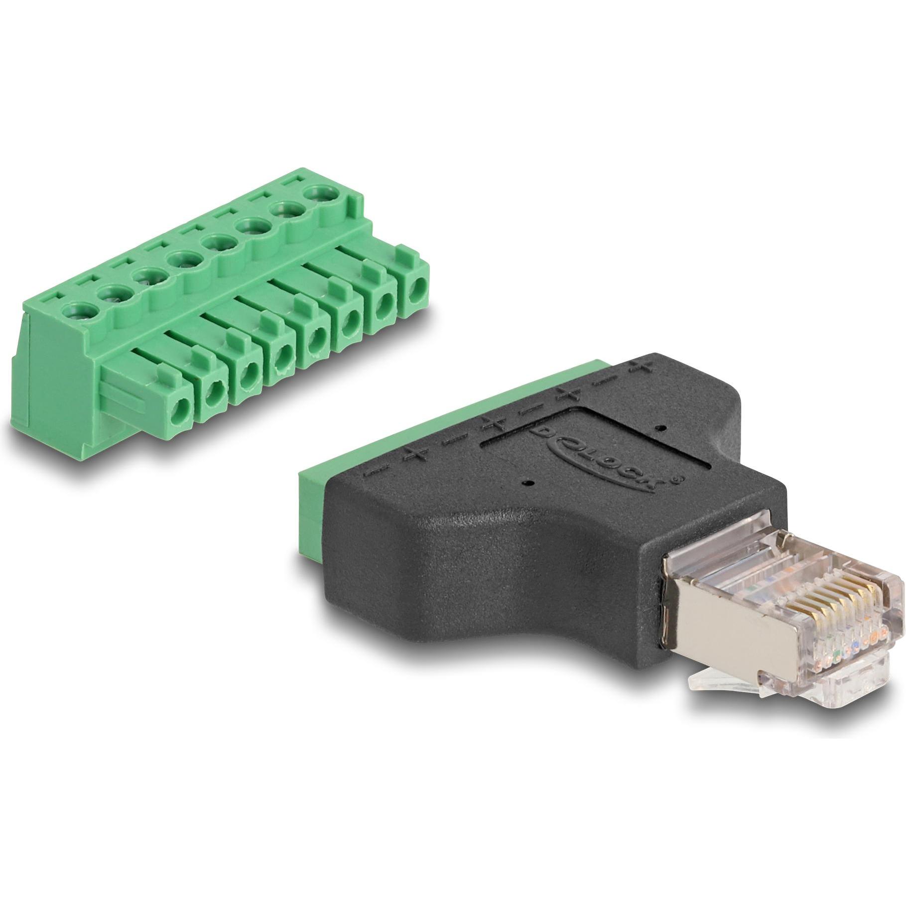 Delock Adapter RJ45 Stecker > Terminalblock 8 Pin 2-teilig 3,81 mm (RJ45, 5.37 cm), Data + Video Adapter, Schwarz, Grün