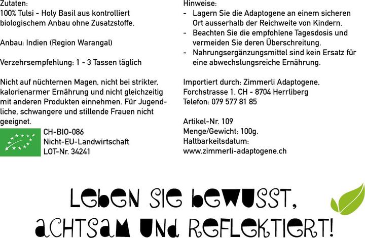 Nährwerte und Zutaten Zimmerli Adaptogene Tulsi Tee (BIO) (100 g)