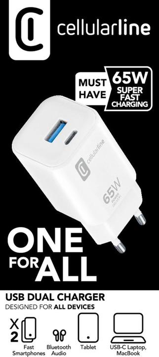Produktbild Cellularline Dual Port Travel Charger 65W White (65 W, 2 Ports)