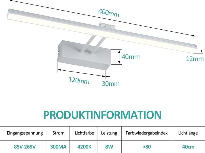 Produktbild Emke Spiegelleuchte, NeutralWeiss(4200K), 40cm, Weiss