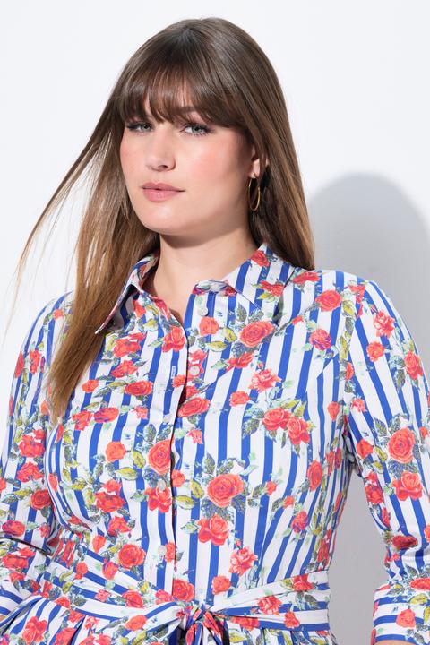 Immagine prodotto Ulla Popken Abito chemisier dal taglio svasato con fiori, colletto da camicia e maniche a 3/4 (62)
