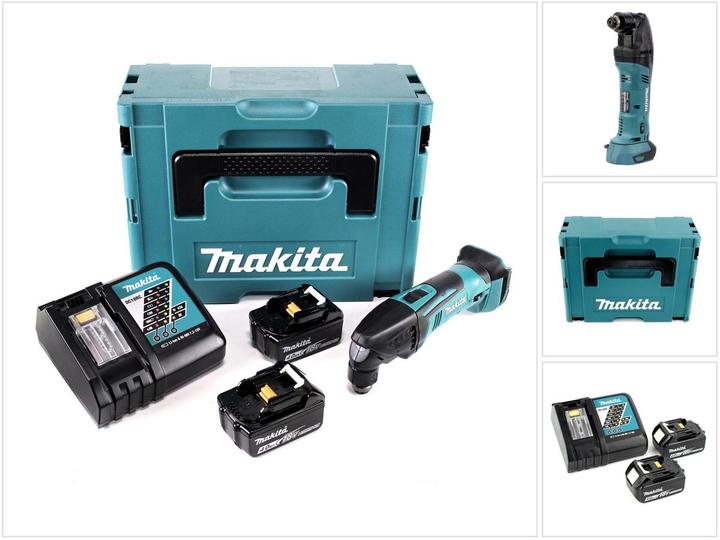 1x Makita DTM 50 18V Li-Ion Akku Multifunktionswerkzeug, 1x Makita BL 1840 B 4,0 Ah Akku, 1x Makita DC18RC Ladegerät, 1x Makita Makpac 2 mit Schaumstoffeinlage, 1x Imbusschlüssel 5