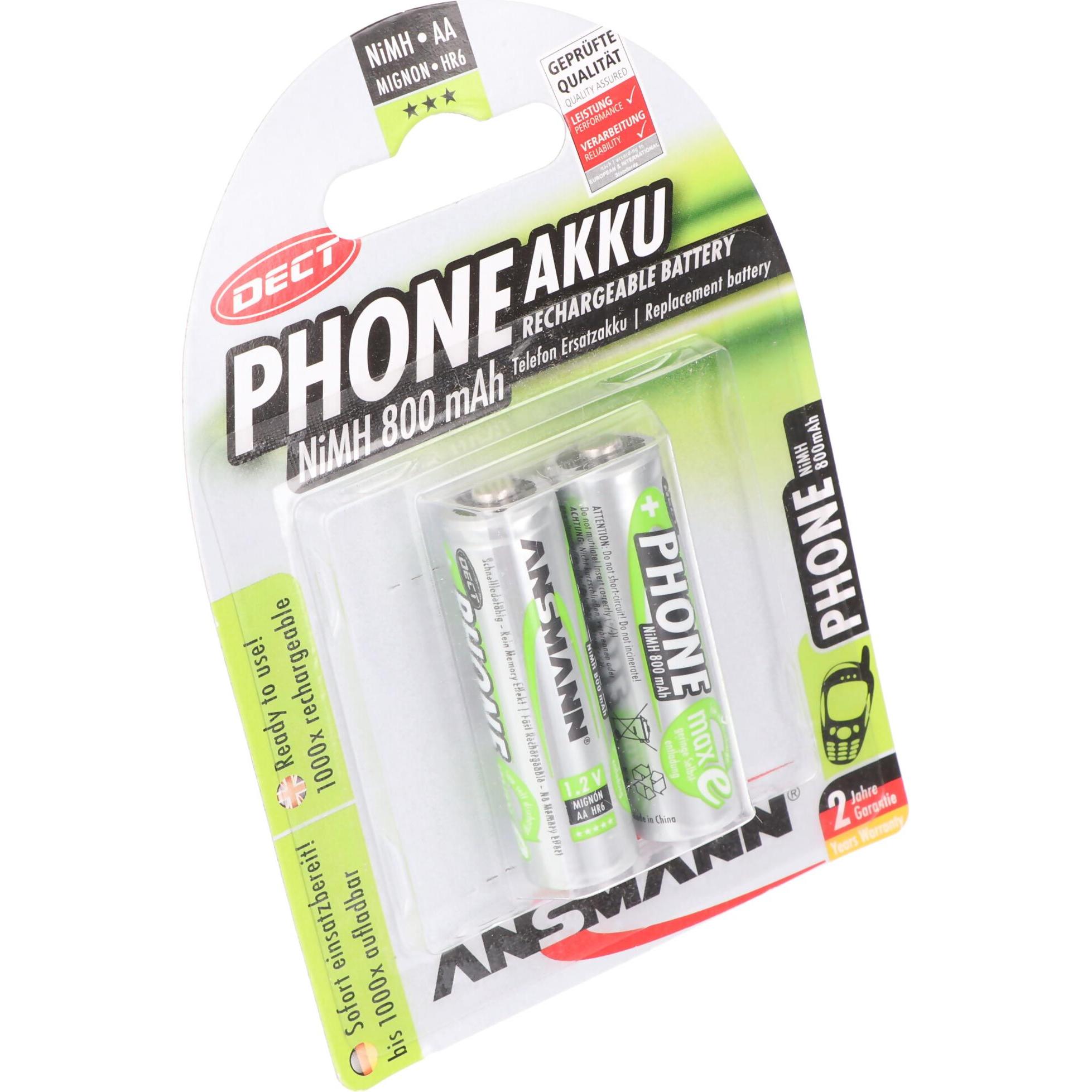 Ansmann NiMH-Akku Mignon 800mAh DECT 2er Blister (AA, 800 mAh), Batterien + Akkus