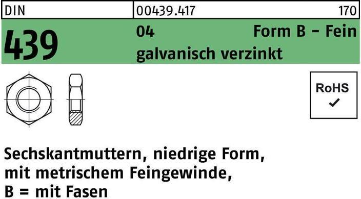 Produktbild Reyher Sechskantmutter DIN 439 Form B BM 12 x 1 Automatenstahl galvanisch verzinkt (M12)