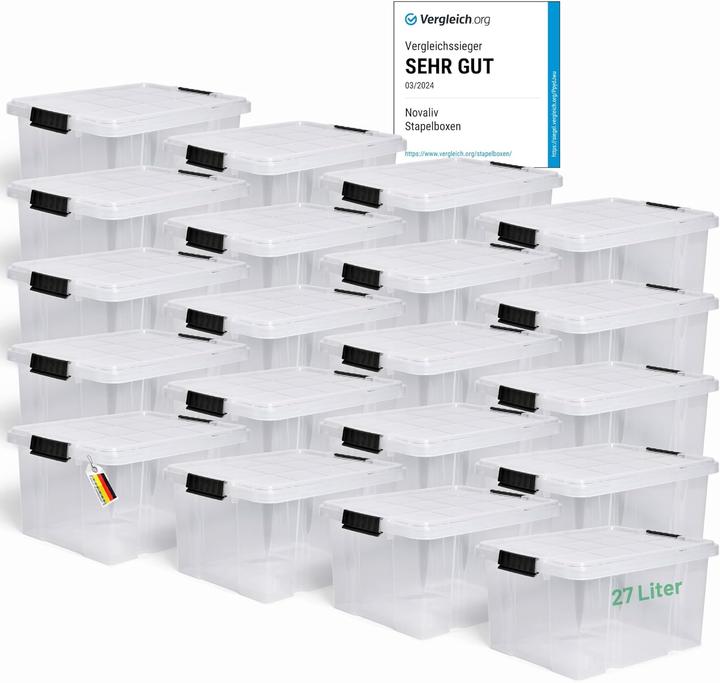 Actual product image Novaliv 20x Aufbewahrungsboxen mit Deckel 27L transparente Nestbar stapelbare Storage boxes mit Clip (46.5 x 36.5 x 24 cm, 27 l)
