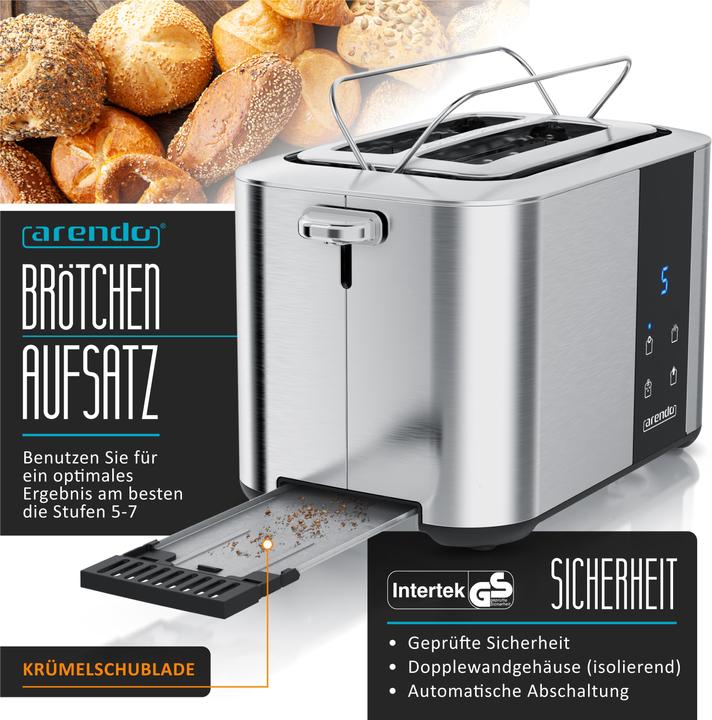 Image du produit Arendo Toaster 2 Scheiben Edelstahl, Doppelwand, Brötchenaufsatz, Krümelschublade, Touchdisplay, 850 W