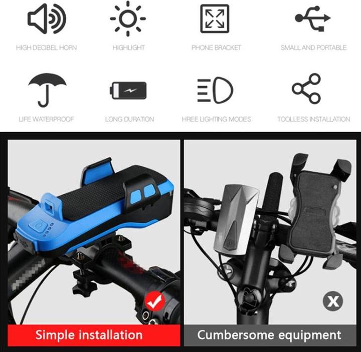 Produktbild AM Scheinwerfer Akku LED Fahrradlicht - Handyhalter - Powerbank - Hupe