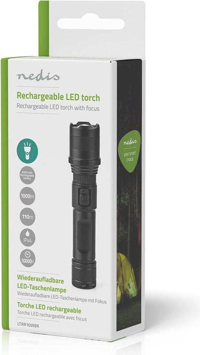 Actual product image Nedis LED torch, full metal housing, rechargeable battery, 3.7 V, 10 W (3.50 cm, 1000 lm)