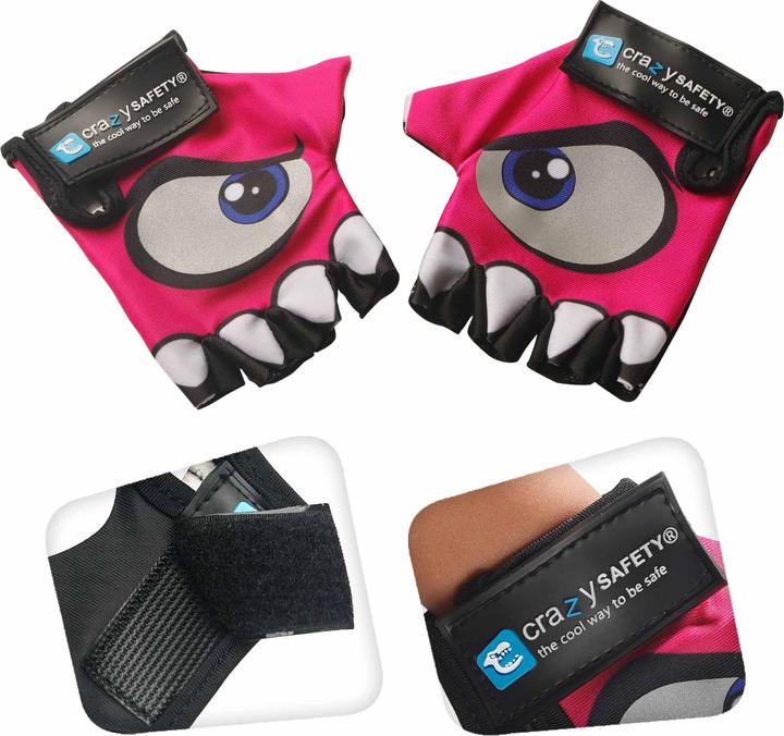 Actual product image Crazy Safety Pink kids bike gloves with reflective eyes, padded palms - Pink - Size S (S)