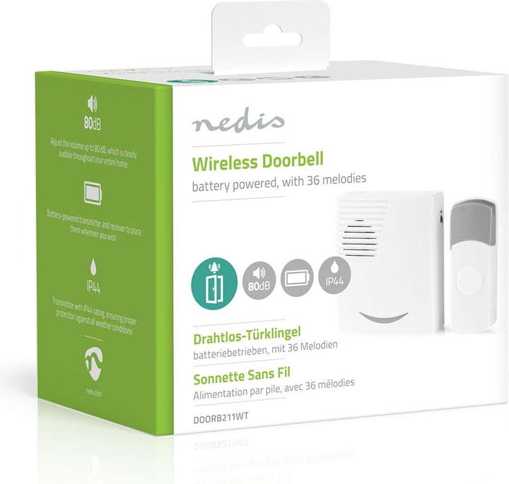 Actual product image Nedis DOORB211WT Radio Bell Set Battery Operated 3V DC 2X AA 1x CR2032 Batteries Included Loudness (Funk)