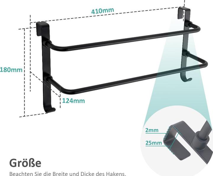 Actual product image Emke Drill-Free Towel Holder, Dual Bar Towel Rail with Hooks, 41cm, Black