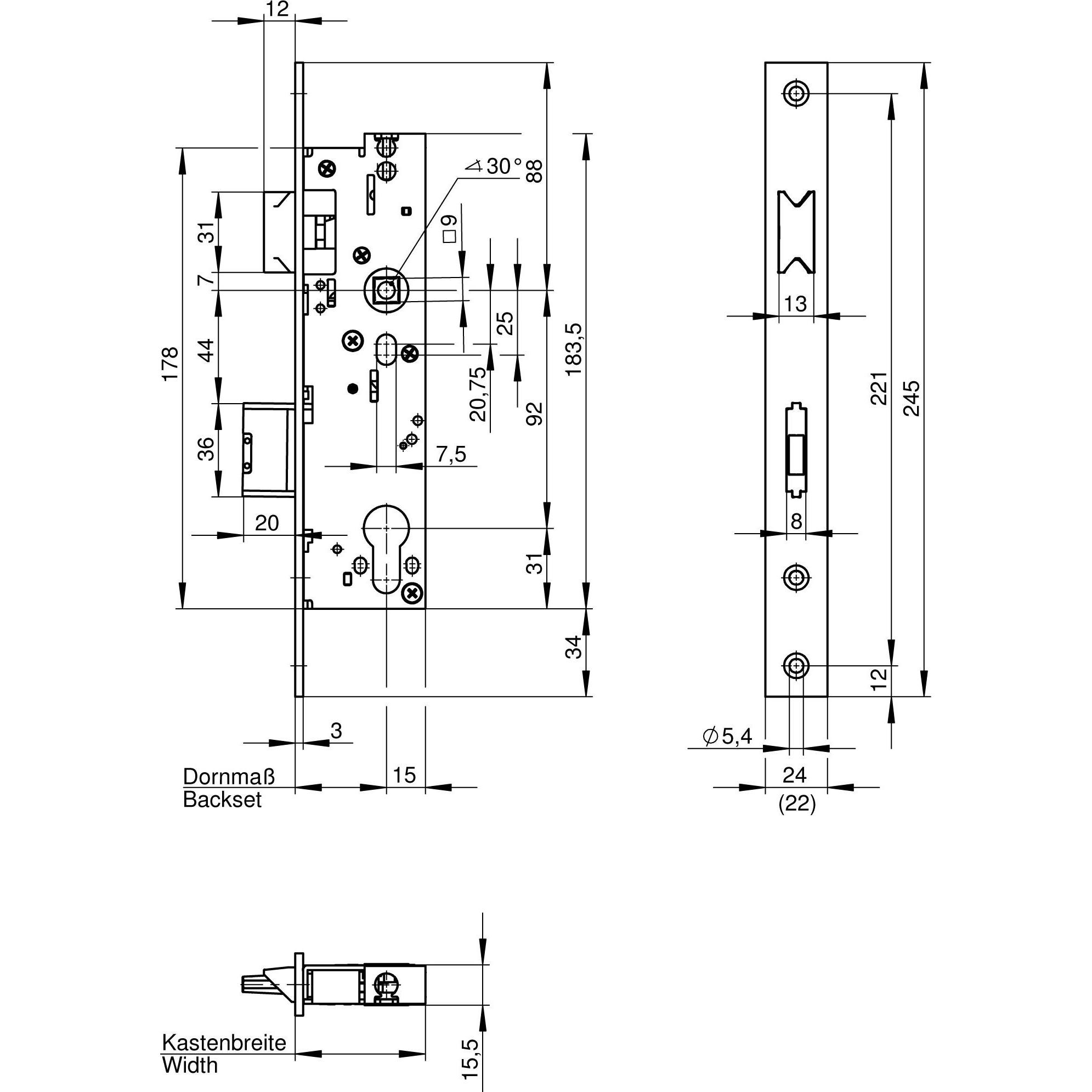 Thumbnail - Wilka, Türschloss + Schliesszylinder, Anti-Panik-RR-Schloss, 6677 Fkt. B, einfl. 35 mm Dorn, Din Rs (Einsteckschloss)