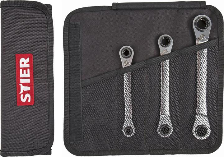 Produktbild Stier Doppel-Ringratschenschlüssel-Satz 4-in-1, 8 - 19 mm, 3-teilig (10 mm, 11 mm, 12 mm, 13 mm, 14 mm, 15 mm, 16 mm, 17 mm, 18 mm, 19 mm, 8 mm, 9 mm)