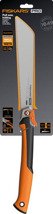 Produktbild Fiskars Pro Klappbare Zugsäge, Sägeblattlänge: 25 cm, 13 TPI, Schwarz/Orange, PowerTooth, 1062933