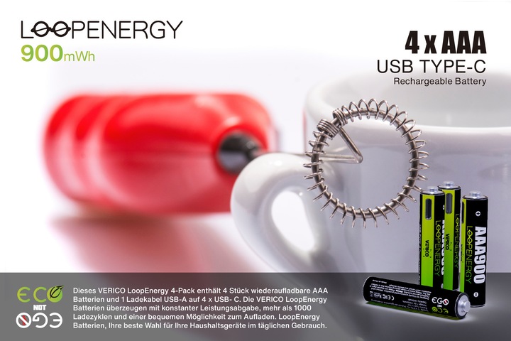 Productafbeelding Verico Li-Ion USB-C Micro AAA Batterij 1.5V 900mWh 600mAh oplaadbaar via USB (4 Pcs., AAA, 600 mAh)