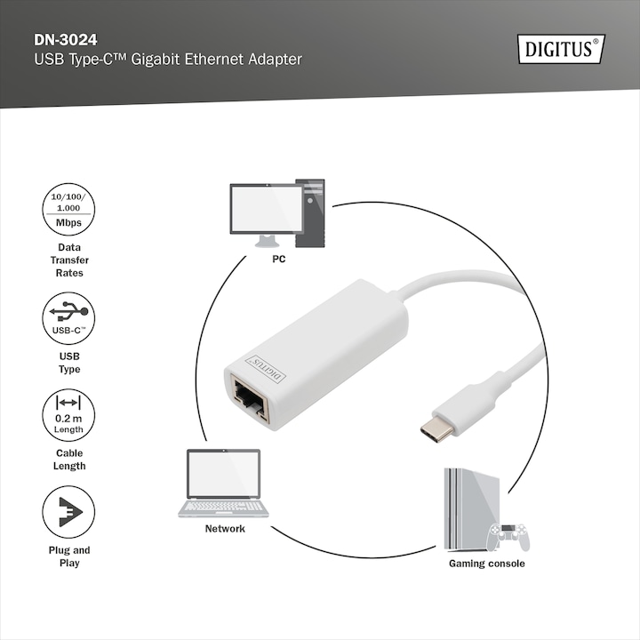 Immagine prodotto Digitus DN-3024 (USB-C 3.0, RJ45 (1x))