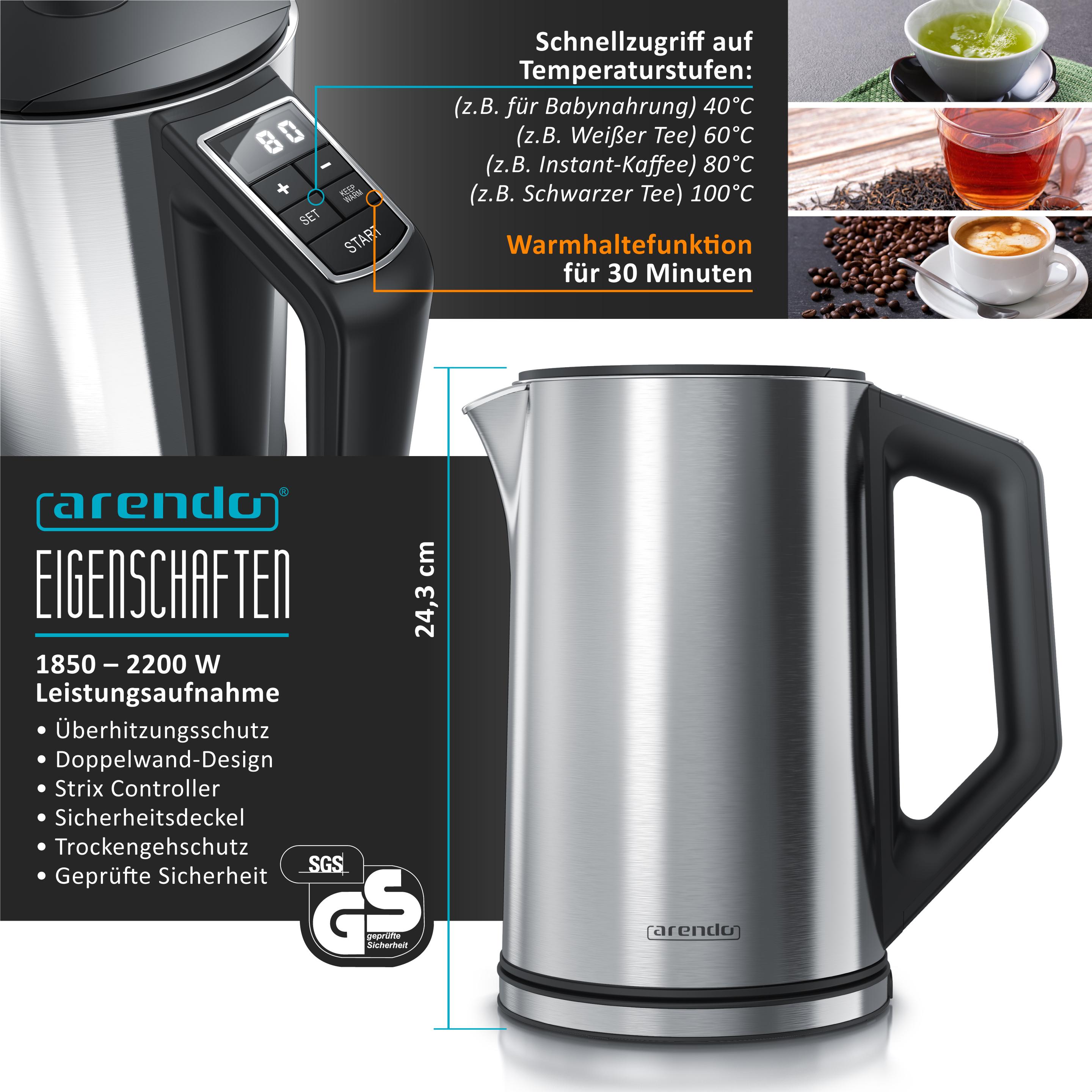 Thumbnail - Arendo Frühstücks Set, Wasserkocher 1,5l Temperaturwahl, 2-Scheiben Toaster & Eierkocher für 3 Eier, Silber, Eierkocher,...