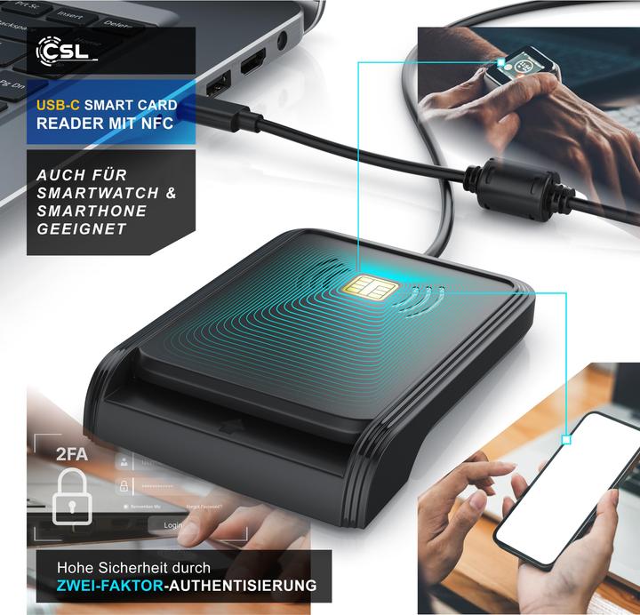 Produktbild CSL Chipkartenleser, SmartCard Reader USB C, NFC, SIM Kartenlesegerät, Personalausweis, Bankkarten uvm. (USB-C)