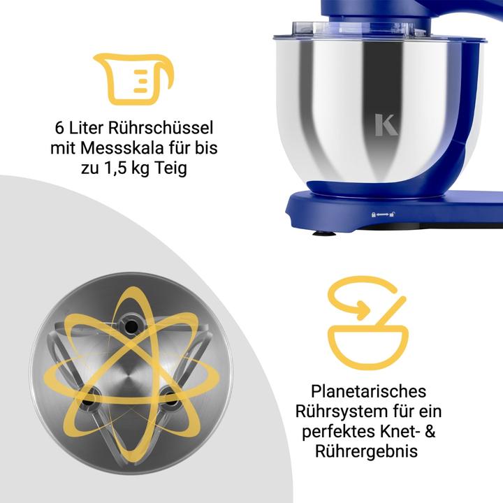 Actual product image KLAMER Küchenmaschine, Knetmaschine mit 6 Liter Edelstahl Schüssel (1800 W, 6 l)