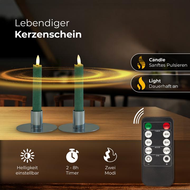 Produktbild Novaliv Stabkerzen LED mit Timer Grün 6 Stück indoor - 6 Stunden - ECHTWACHS 18cm Höhe für Kerzen 2,2cm (6x)