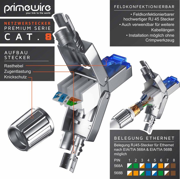 Image du produit Primewire 10x connecteur réseau RJ45 CAT 8 câblable sur le terrain, connecteur CAT8 pour câble LAN câble (Câble réseau Connecteur)
