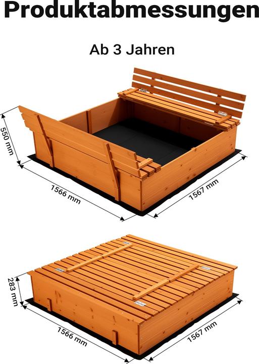 Actual product image Wiltec Sandpit with lid 2 benches 98x98x21cm Sandpit wooden sandbox fleece base