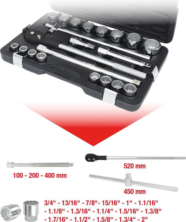 Immagine prodotto KS Tools Set di chiavi a bussola da 1/4", 21 T., esagonali esterne, in pollici, cromate satinate opache (3/4")