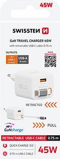 Produktbild Swissten Netzadapter SlideCHARGE GaN 45W, 1 Anschluss, MIT EINZIEHBAREM USB-C-KABEL (45 W, 1 Port)