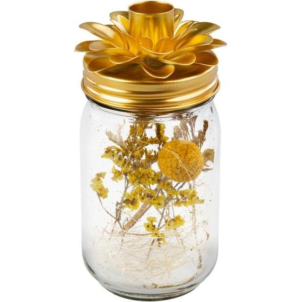 MICA Living, Kerzenständer, Kerzenhalter mit Trockenblumen gold/gelb - ca. 8 x 8 x 15,5 cm