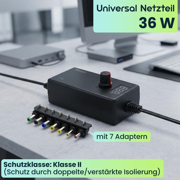 Immagine prodotto Ideoon Universal-Netzteil mit 7 Wechselsteckern, 5 - 24 V, 100 - 240 V AC, 36 W