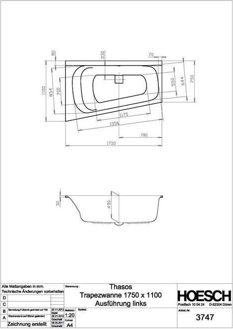 Actual product image Hoesch Trapezoid bathtub THASOS 1750x1100x490mm li white (280 l, 175 cm, 110 cm)