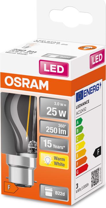 Actual product image Osram LEDSCLP25 2,5W/827 230V FILB22D10X1OSRAM (B22d, 2.50 W, 250 lm, 6 x, F)