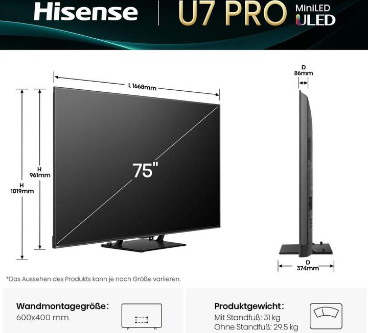 Actual product image Hisense TV 75U7Q PRO (75", U7Q Pro, LED, 4K, 2025)
