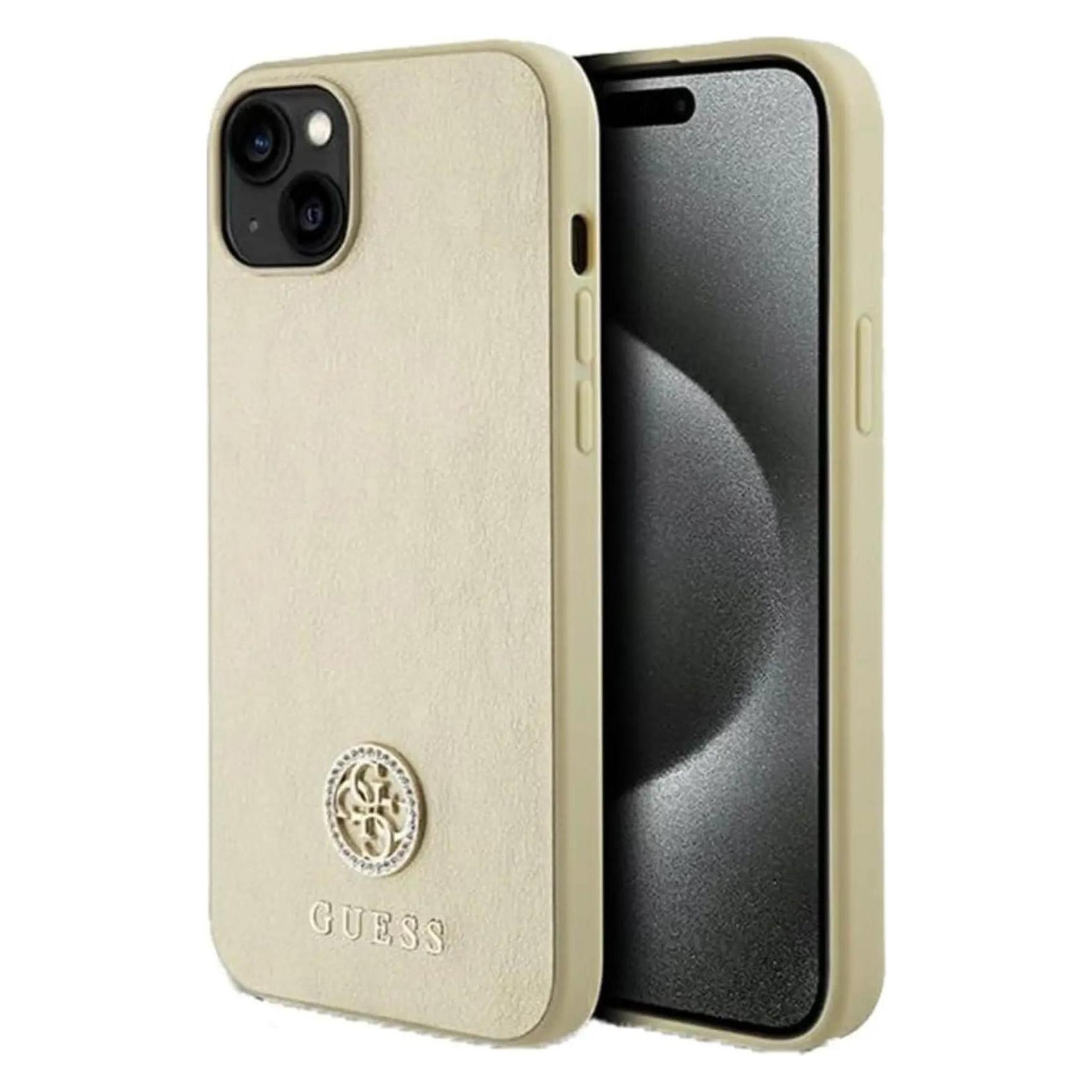 Guess GUHCP15SPS4DGPD IPhone 15 6.1" Złoty/gold Hardcase Leather 4G Metal Logo Strass (Apple IPhone 15), Smartphone Hülle, Gold