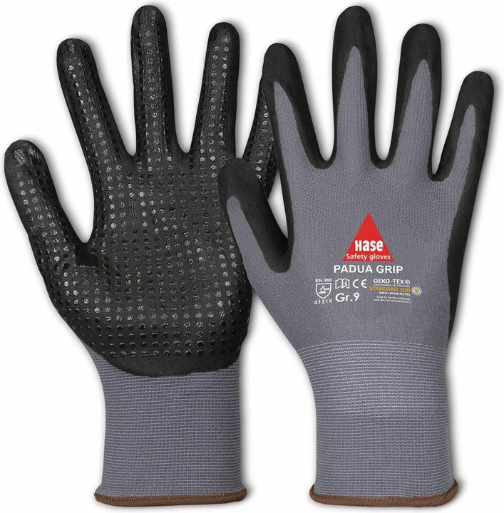 Produktbild Hase Safety Gloves Arbeitshandschuhe mit Noppen, Padua Grip, EN 388, EN 420, Grösse 10, grau/schwarz (XL)