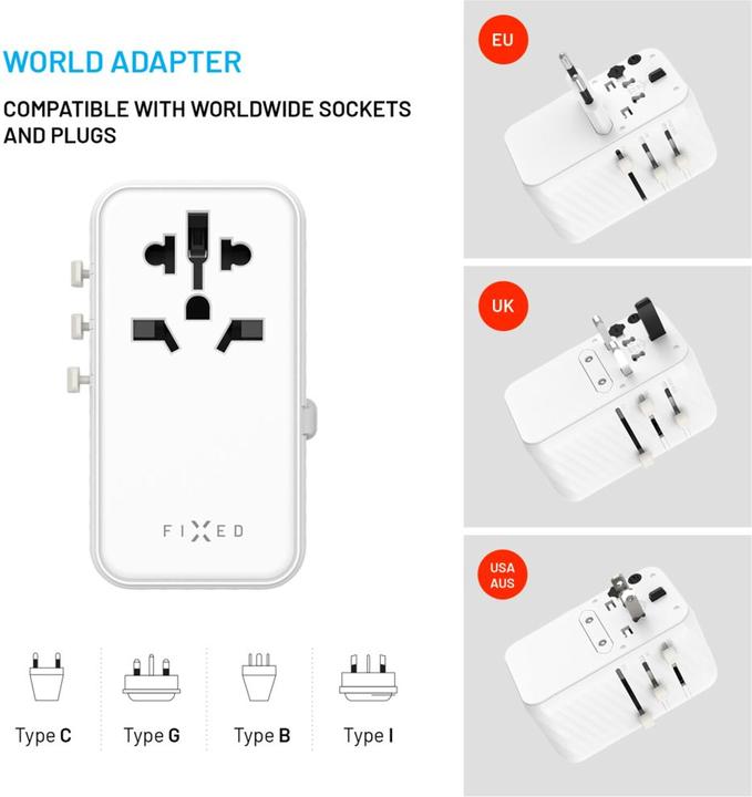 Actual product image Fixed Voyager World Adapter, 3xUSB-C/1xUSB, GaN, 120W, white