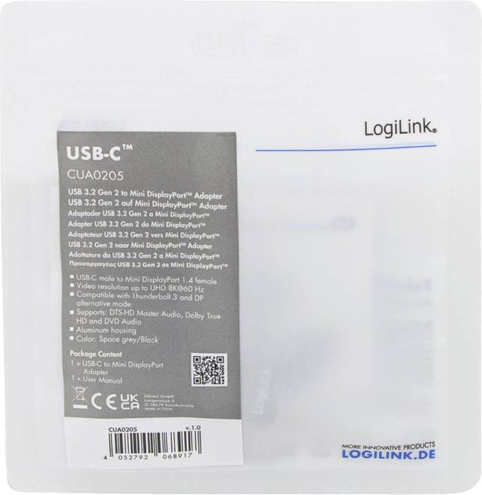 Produktbild LogiLink USB 3.2 Gen2 Type-C-Adapter, USB-C/M zu mDP/F, 8K, Alu, schwarz/grau (Mini DP)